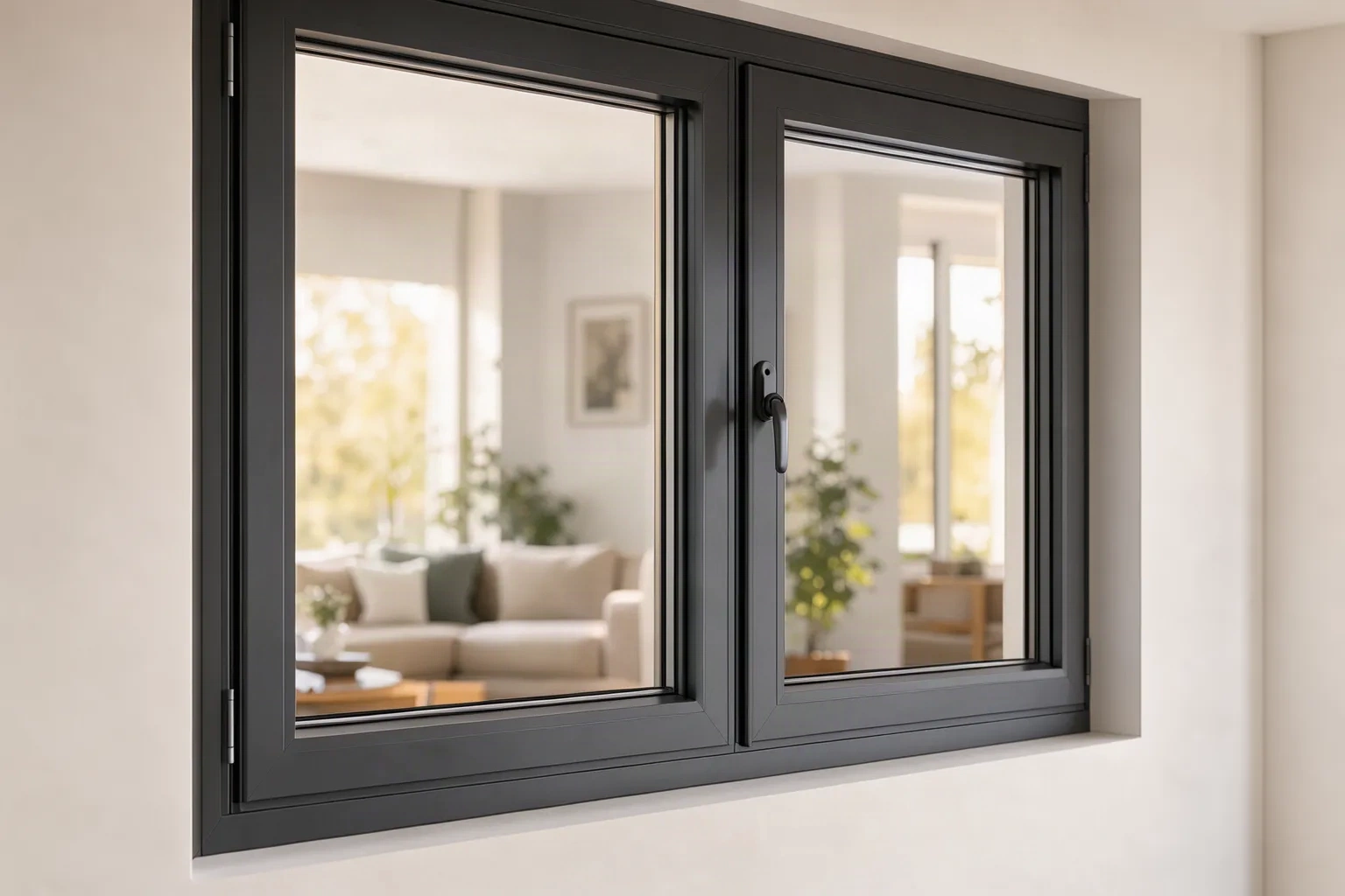 Fenêtre double vitrage au cadre aluminium foncé dans un intérieur lumineux
