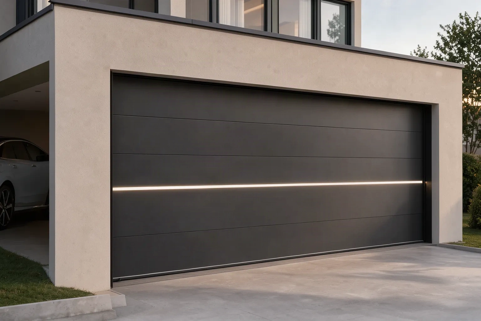 Porte de garage sectionnelle anthracite à bandeau lumineux sur une maison contemporaine