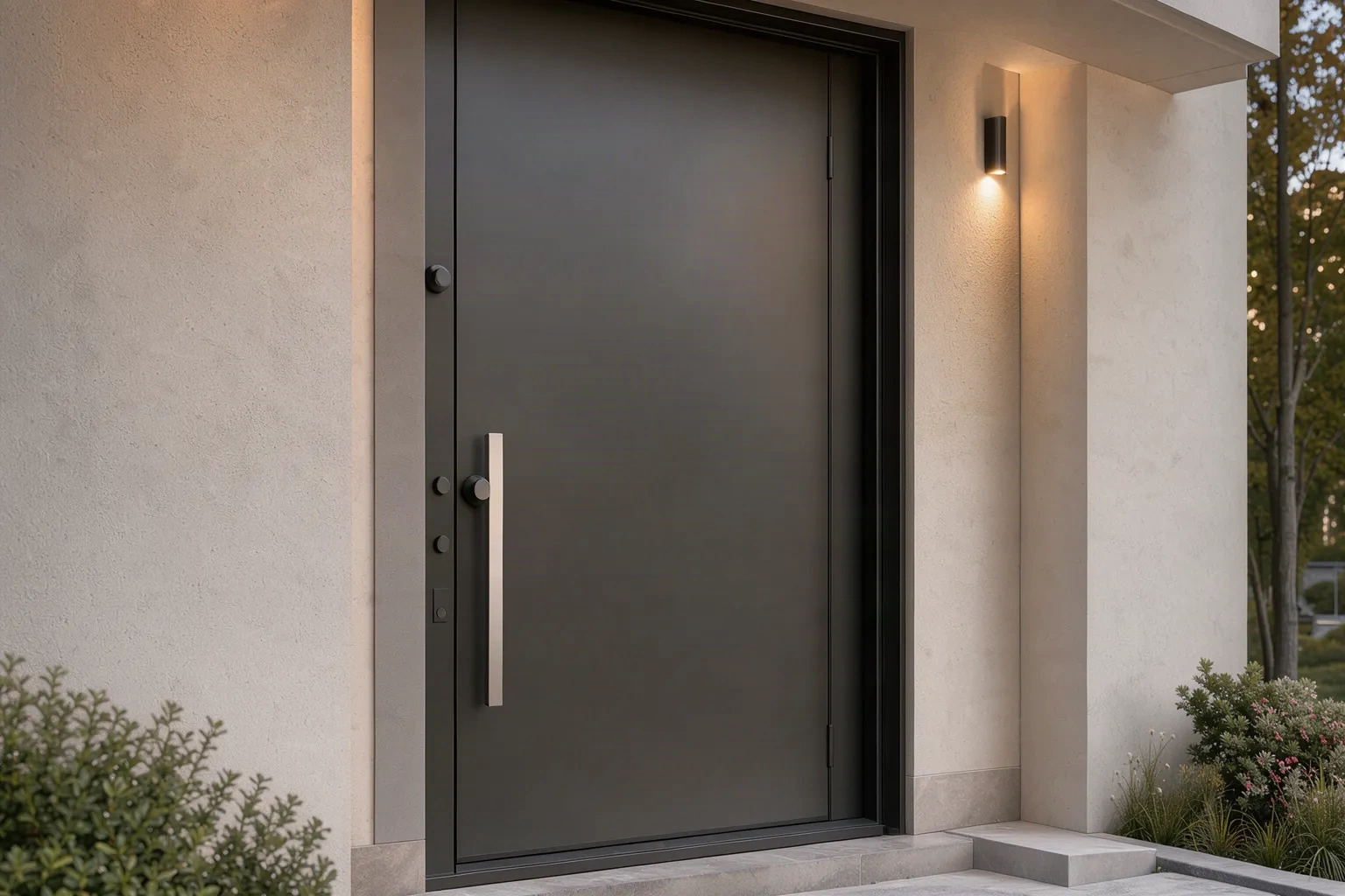 Porte d'entrée contemporaine en acier anthracite éclairée par une applique murale