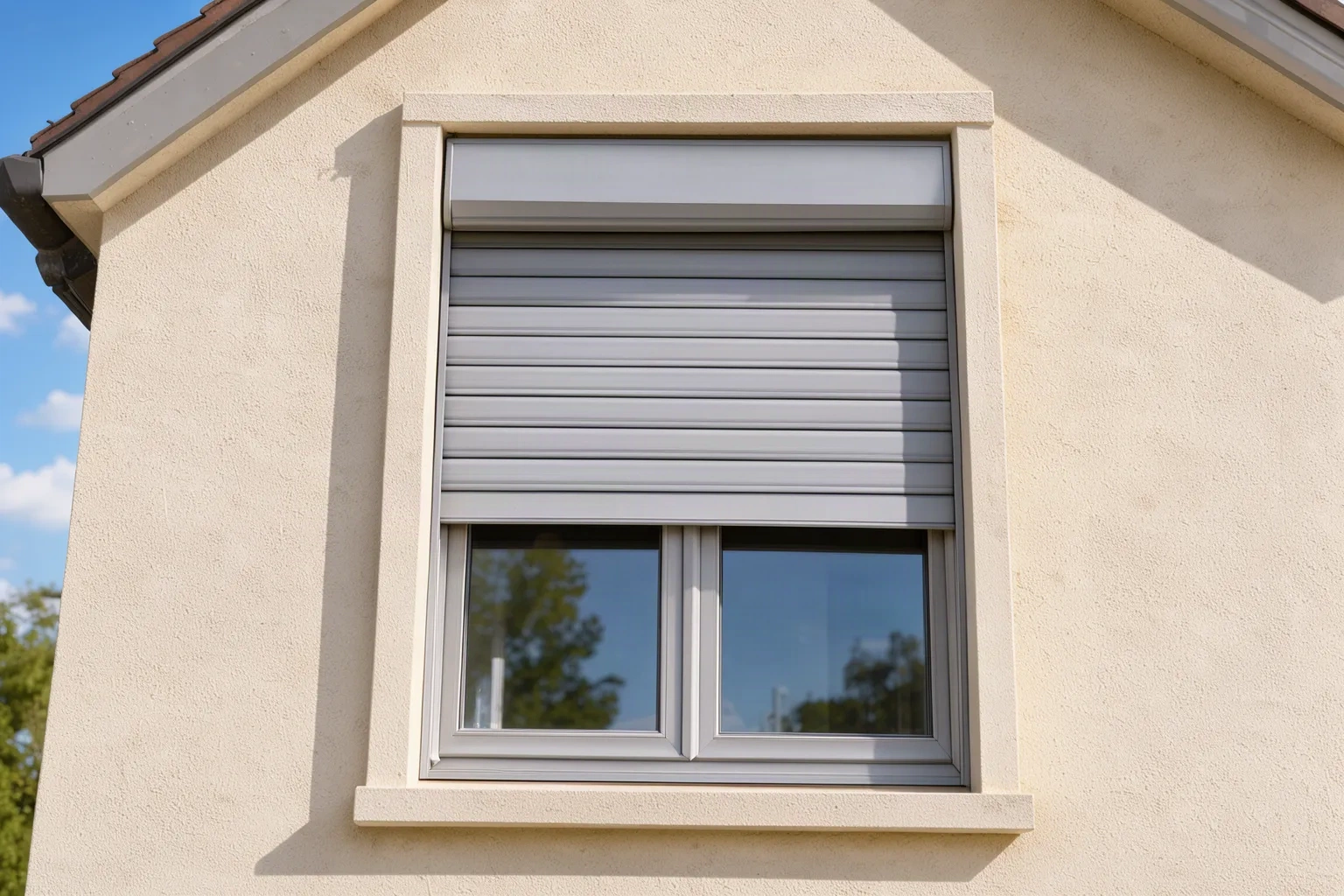 Volet roulant aluminium gris clair mi-baissé sur une fenêtre de façade crème