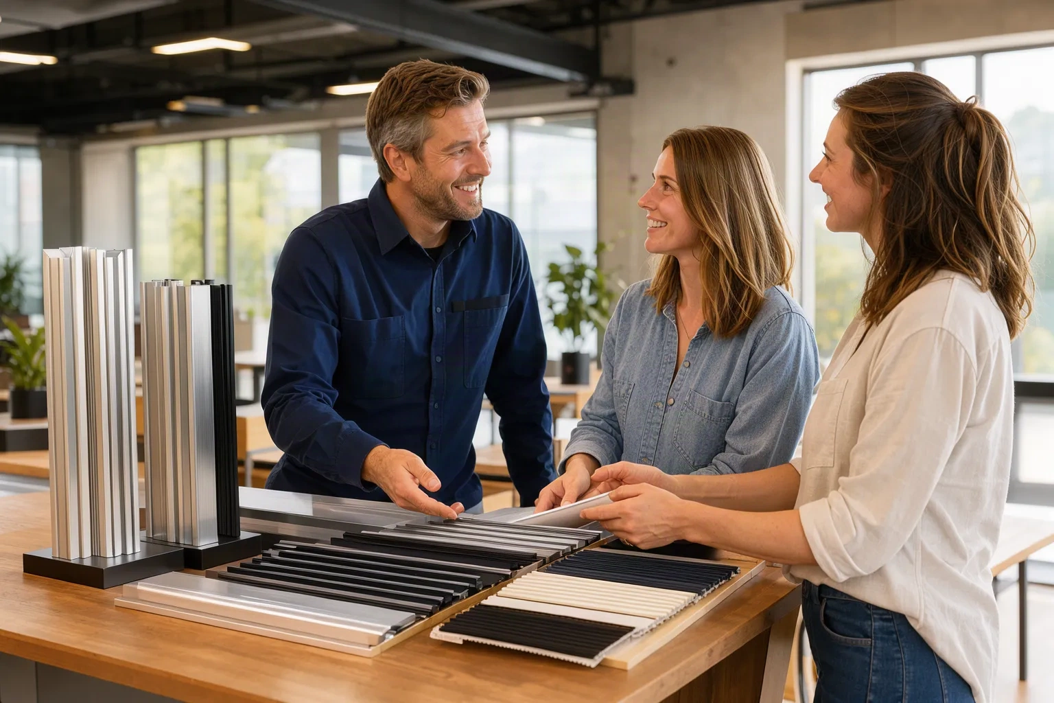 Conseiller ABP présentant des échantillons de profilés aluminium à un couple en showroom