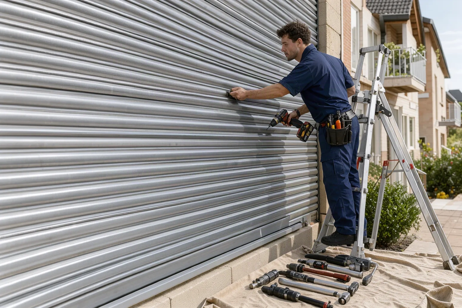 Technicien en tenue bleu marine posant un volet roulant en aluminium
